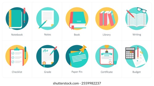A set of 10 education icons as notebook, notes, book