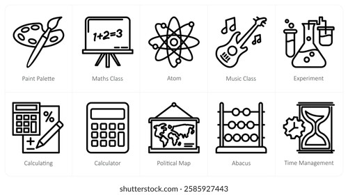 A set of 10 education icons as paint palette, maths class, atom