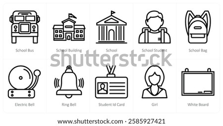 A set of 10 education icons as school bus, school building, schoo