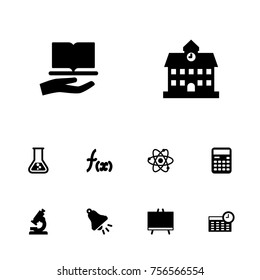Set Of 10 Education Icons Set.Collection Of Ringing, Flask, Optical Instrument And Other Elements.