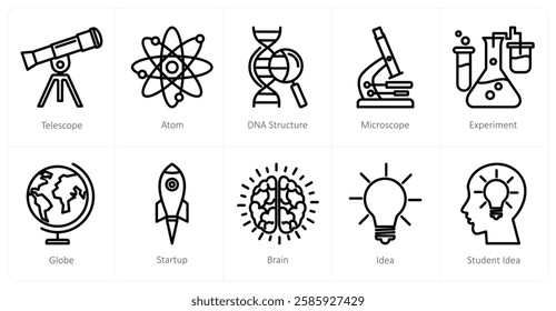 A set of 10 education icons as telescope, atom, dna structure