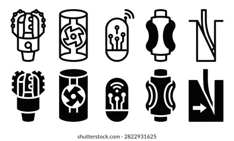 Set of 10 EGS geothermal drilling icons showing drill bit, downhole motor, telemetry probe, and wellbore packer vector elements