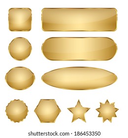 Set of 10 elegant golden blank vector web buttons with different shapes.