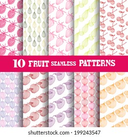 Set of 10 elegant seamless patterns with decorative vintage fruits, design elements.  Patterns for invitations, greeting cards, scrapbooking, print, gift wrap, manufacturing. Food theme