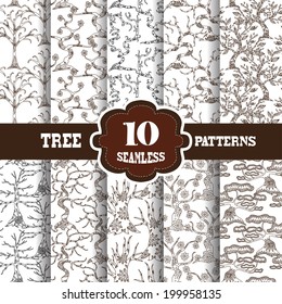 Set of 10 elegant seamless patterns with hand drawn decorative floral trees, design elements. Floral patterns for wedding invitations, greeting cards, scrapbooking, print, gift wrap, manufacturing.