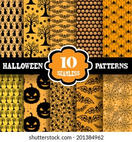 Set of 10 elegant seamless patterns with Halloween symbols, design elements. Patterns for Halloween invitations, greeting cards, scrapbooking, print, gift wrap, manufacturing.