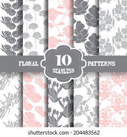 Set of 10 elegant seamless patterns with hand drawn decorative flowers, design elements. Floral patterns for wedding invitations, greeting cards, scrapbooking, print, gift wrap, manufacturing.