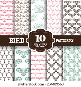 Set of 10 elegant seamless patterns with hand drawn decorative birds, design elements. Decorative patterns for invitations, greeting cards, scrapbooking, print, gift wrap, manufacturing.