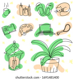 Set 10 elements for cozy home. Cup, coffee, candle, slippers, cat, book, laptop, lamp plant Vector illustration isolated white background