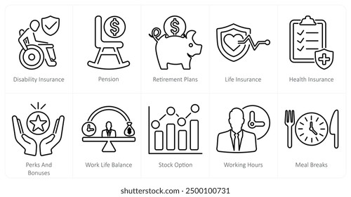 A set of 10 employee benefits icons as disability insurance, pension, retirement plans