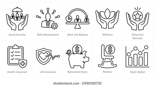 A set of 10 employee benefits icons as social security, skills development, work life balance