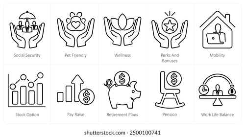 A set of 10 employee benefits icons as social security, pet friendly, wellness