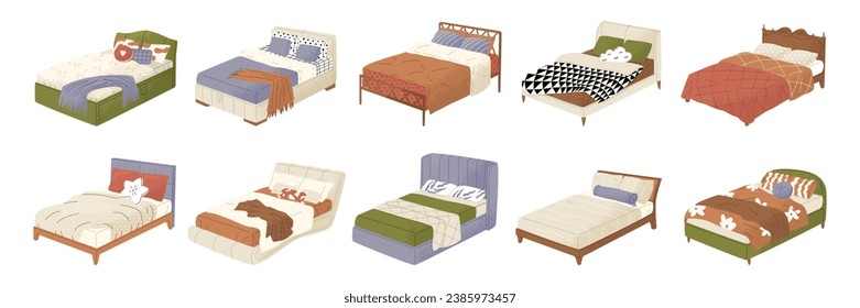 Set of 10 empty double beds in different shapes. Bed sheets. Bedroom decor, cozy home interior. Isolated vector illustration in cartoon style.