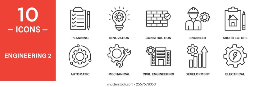 A set of 10 engineering icons, including planning, innovation, construction, architecture, mechanical, civil engineering, and electrical concepts for technical projects.