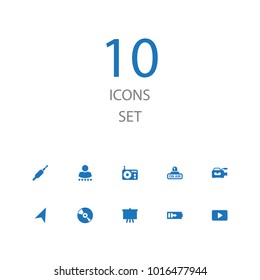 Set of 10 entertainment icons set. Collection of pinpoint, charging, radio and other elements.