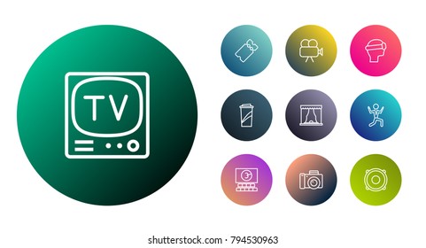 Set of 10 entertainment icons line style set. Collection of speaker, movie cam, tv set and other elements.