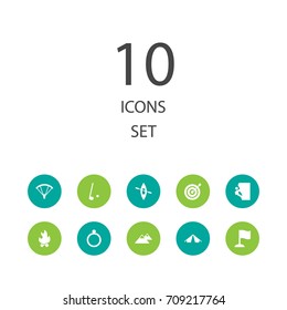 Set Of 10 Entertainment Icons Set.Collection Of Dart, Tent, Peak And Other Elements.