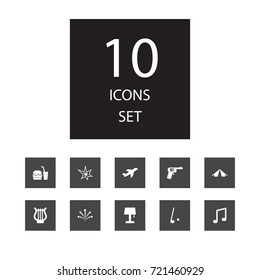 Set Of 10 Entertainment Icons Set.Collection Of Lyre, Plane, Bomb And Other Elements.