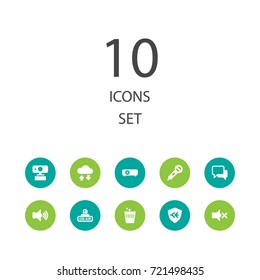 Set Of 10 Entertainment Icons Set.Collection Of Siren, Trash, Videoconference And Other Elements.