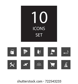 Set Of 10 Entertainment Icons Set.Collection Of Firework, Cigarette, Sickle With Hammer And Other Elements.