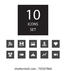 Set Of 10 Entertainment Icons Set.Collection Of Progress, Diskette, Videoconference And Other Elements.