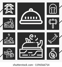 Set of 10 equipment outline icons such as helmet, ax, carpenter, saw, carpentry, chemistry
