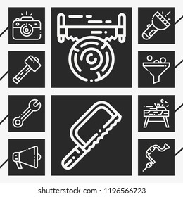 Set of 10 equipment outline icons such as flashlight, brace, camera, saw, wrench, hammer, speaker, filter