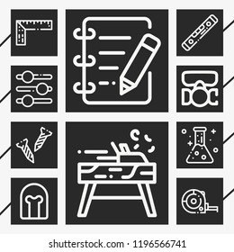 Set of 10 equipment outline icons such as helmet, respirator, ruler, slider tool, flask, measuring, screw, carpenter