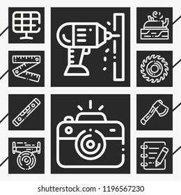 Set of 10 equipment outline icons such as camera, saw, measuring, solar panels, carpentry, axe, drill, edit