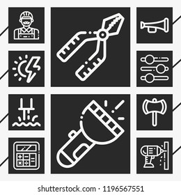 Set of 10 equipment outline icons such as ax, flashlight, industry, slider tool, calculator, sun energy, trumpet, drill, carpenter