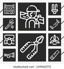 Set of 10 equipment outline icons such as carpenter, respirator, saw, wrench, toolbox, turbine, trumpet, pliers