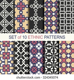 Set of 10 ethnic patterns. Stylish textile prints with traditional design.