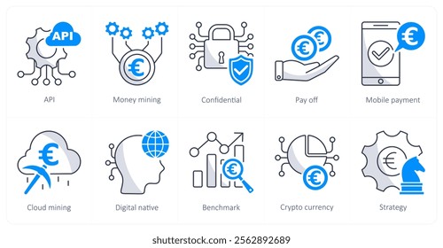 A set of 10 euro icons as api, money mining, confidential