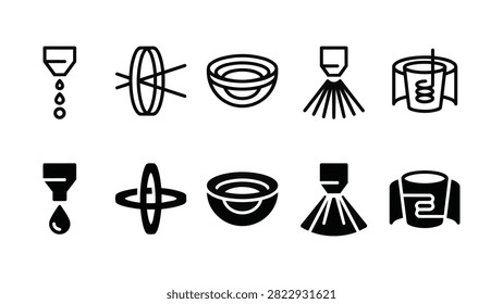 Set of 10 EUV lithography icons featuring tin droplet nozzle, laser beam focus, collector mirror, and debris shield vector elements