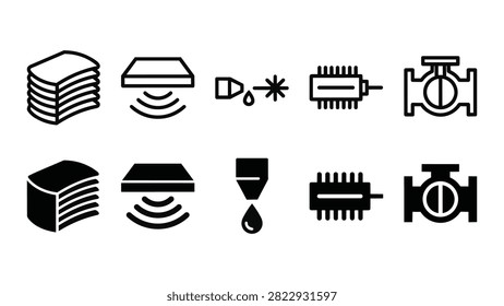Set of 10 EUV lithography optics icons featuring multilayer mirrors, plasma droplet source, chip, and vacuum valves vector elements