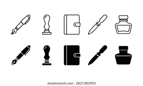 Set of 10 executive stationery icons showing fountain pen, wax seal stamp, notebook diary, letter opener, and ink bottle vector