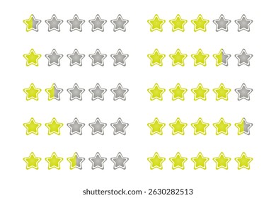 Conjunto de 10 Fancy Yellow Gradient Rating Star ícone para o jogo de 0,5 a 5 estrelas. Vetor de Ícone Editável de Alta Qualidade
