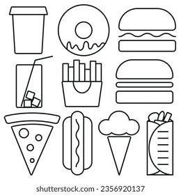 A set of 10 fast food icons. Burger, coffee, cola, ice cream, donut, etc.