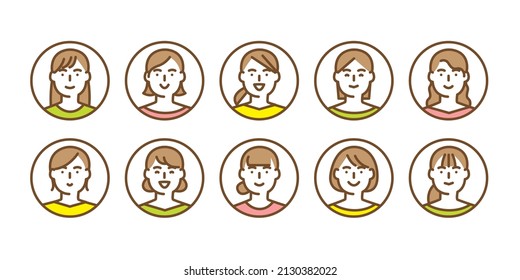 Set of 10 female face icons