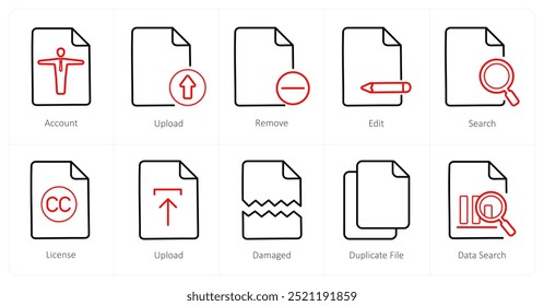 Um conjunto de 10 ícones de arquivo como conta, carregar, remover