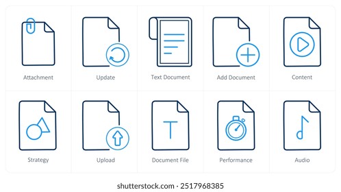 Un conjunto de 10 iconos de archivo como archivo adjunto, Actualizar, documento de texto