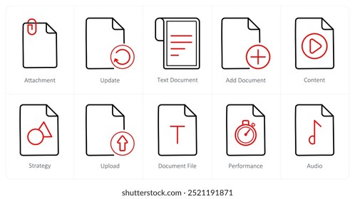 Un conjunto de 10 iconos de archivo como archivo adjunto, Actualizar, documento de texto