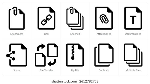 A set of 10 File icons as attachment, link, attached