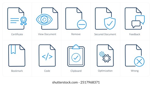 Um conjunto de 10 ícones de arquivo como certificado, exibir documento, remover