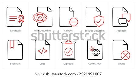 A set of 10 File icons as certificate, view document, remove