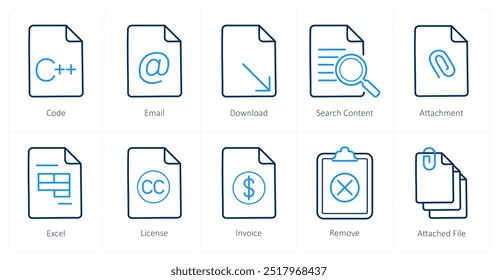 Um conjunto de 10 ícones de arquivo como código, e-mail, download