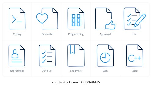 Um conjunto de 10 ícones de arquivo como codificação, favorito, programação