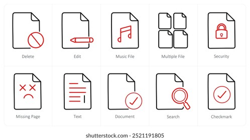 Un conjunto de 10 iconos de archivo como Borrar, editar, archivo de música