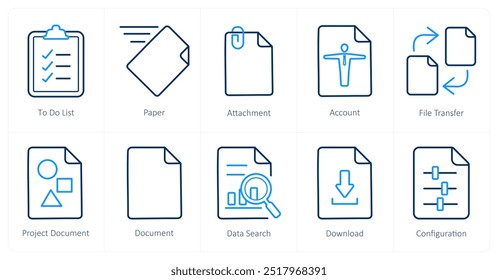 Um conjunto de 10 ícones de arquivo como fazer lista, papel, anexo