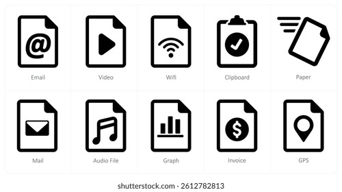 A set of 10 File icons as email, video, wifi